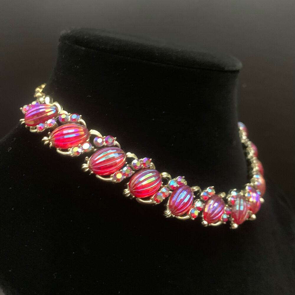 Vintage Signed Coro Melon Red AB Aurora Borealis Iridescent Rhinestone Necklace - Picture 2 of 16